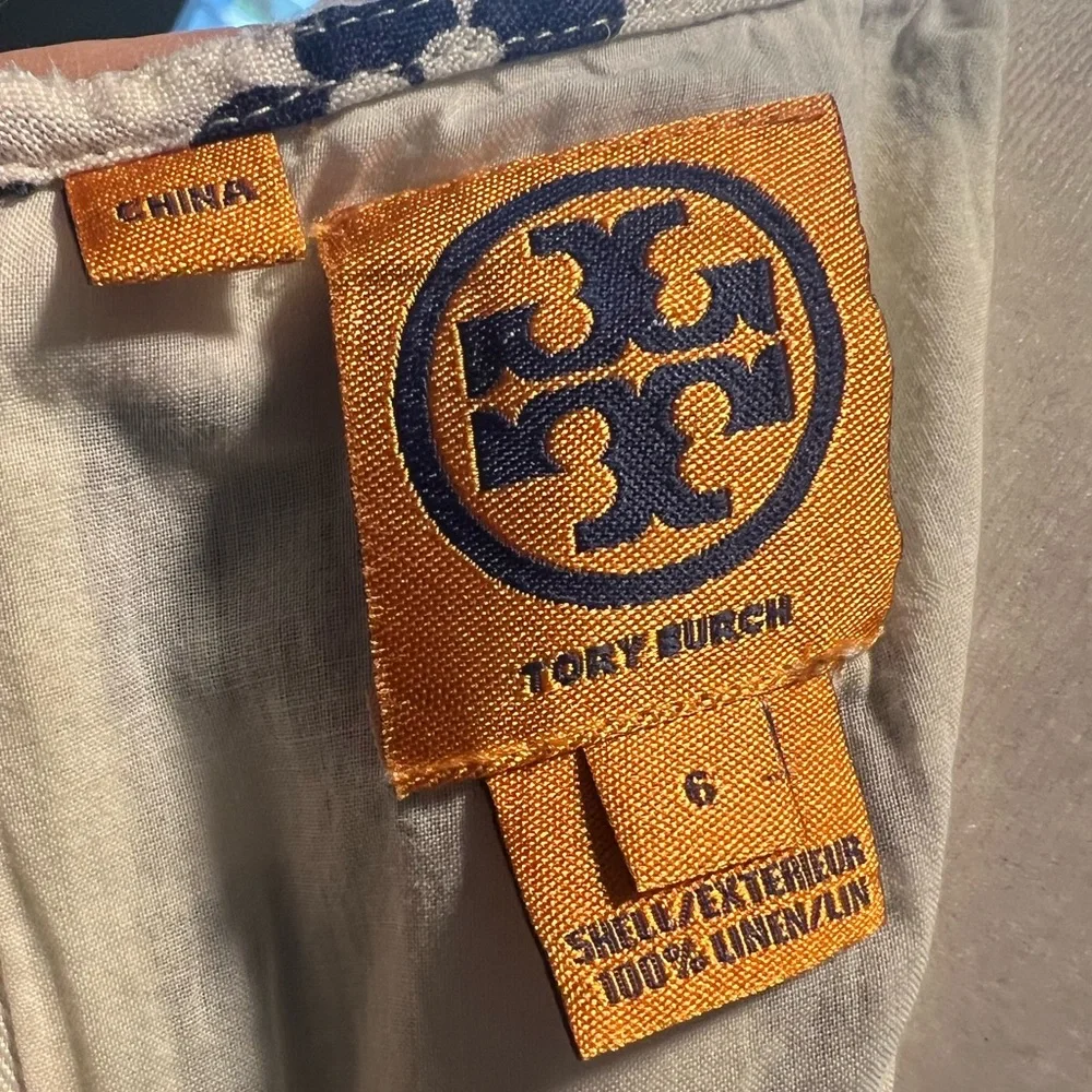 Tory Burch Linen Navy and White Floral Dress. Scalloped edges. Size 6